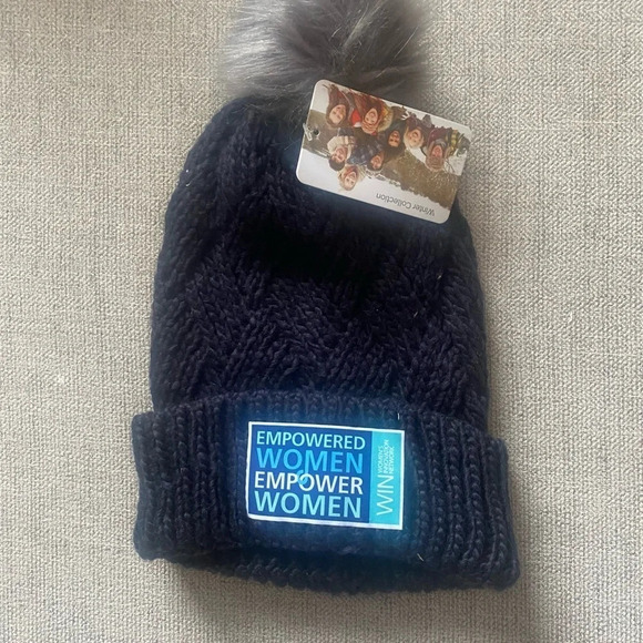 NWT “Empowered Women Empower Women” Navy Knit Beanie with Fur Pom Pom One Size - Picture 1 of 7